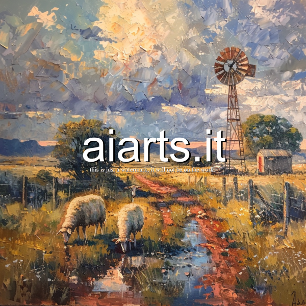 dreamy painting serene South african karoo farm and wind mill and sheeps