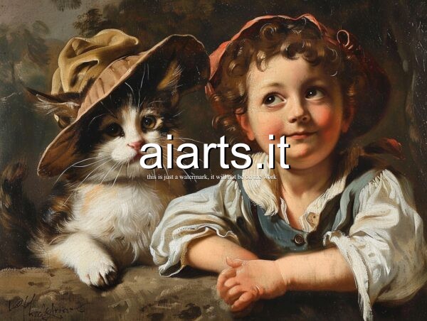 kid and cat in tiepolo style