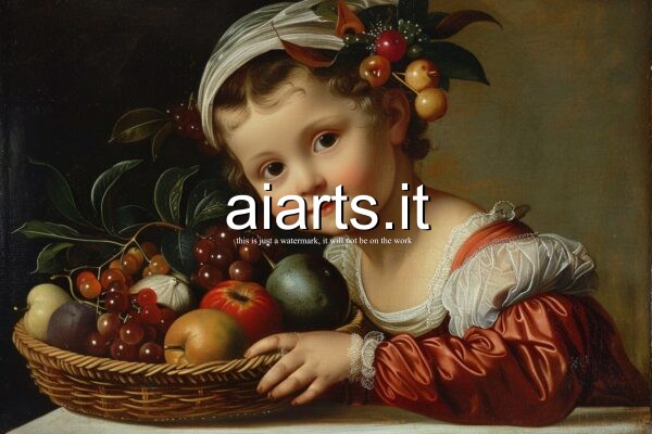 little girl red dressed with a fruit basket in Titian style