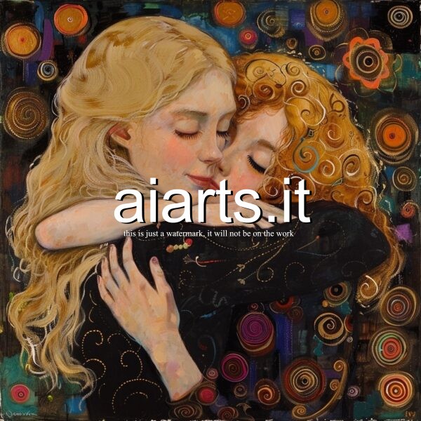 two blonde women hug each other on swirls in a klimt style