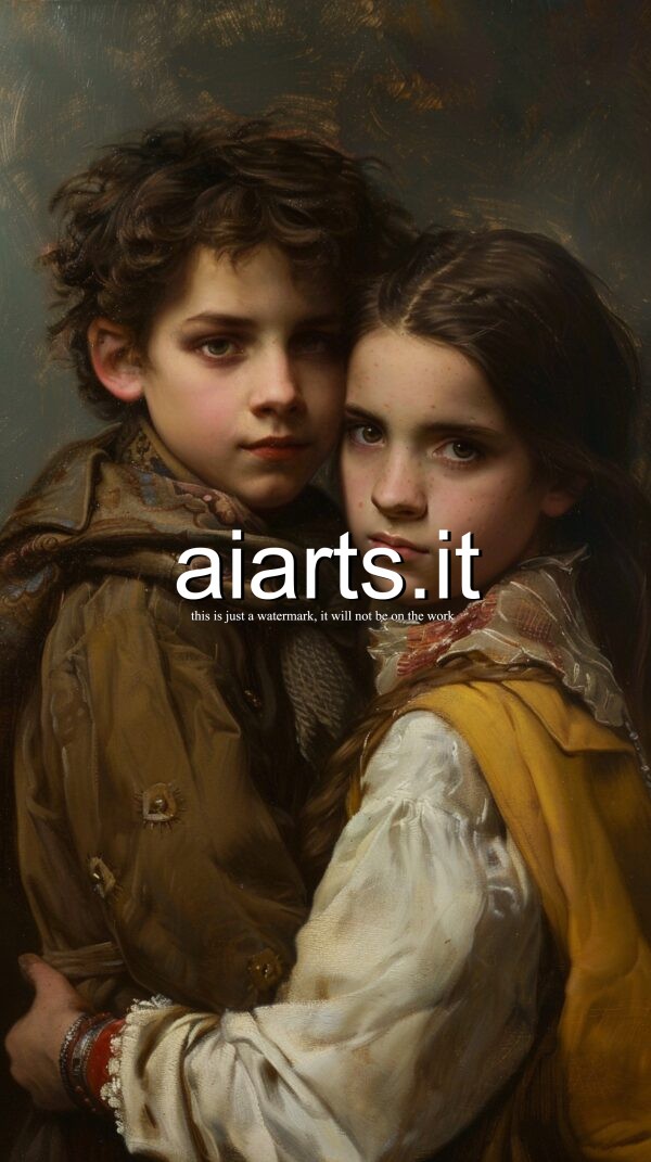 young girl hugs a boy in rembrandt style