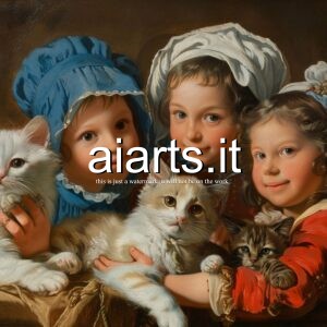 three girls and cats in tiepolo style 4x3