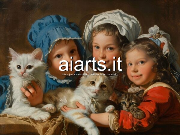 three girls and cats in tiepolo style 4x3